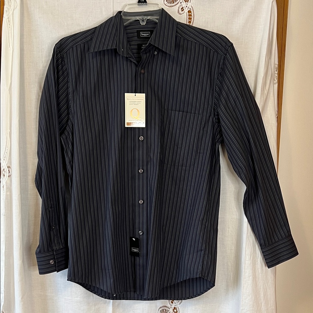 Haggar Dark Blue Striped Dress Shirt Size S NWT